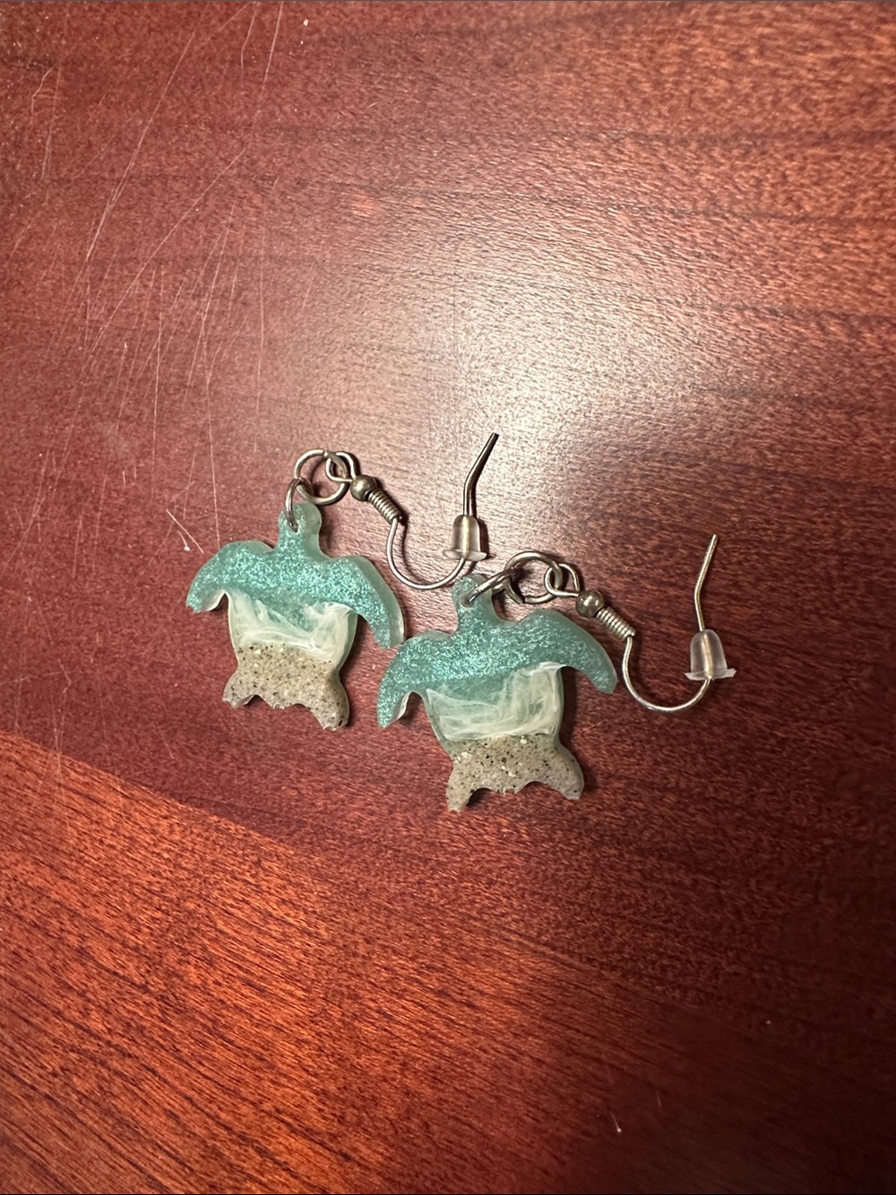 NWOT Handmade Sea Turtle Dangle Earrings in Teal and Cream
